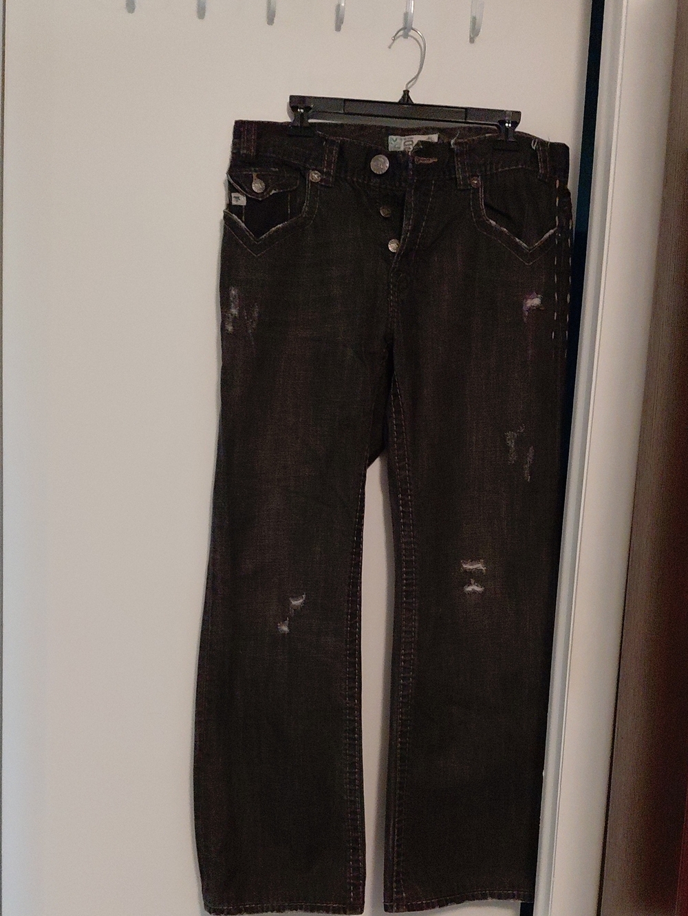 MEC DENIM Men's Black Distressed Jean. NATAL BOOTCUT Size 34X34 Button Fly